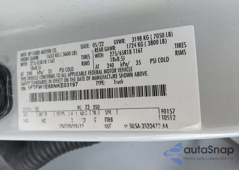 2022 Ford F-150 Lariat z USA, uszkodzony, nr VIN 1FTFW1E88NKE03197